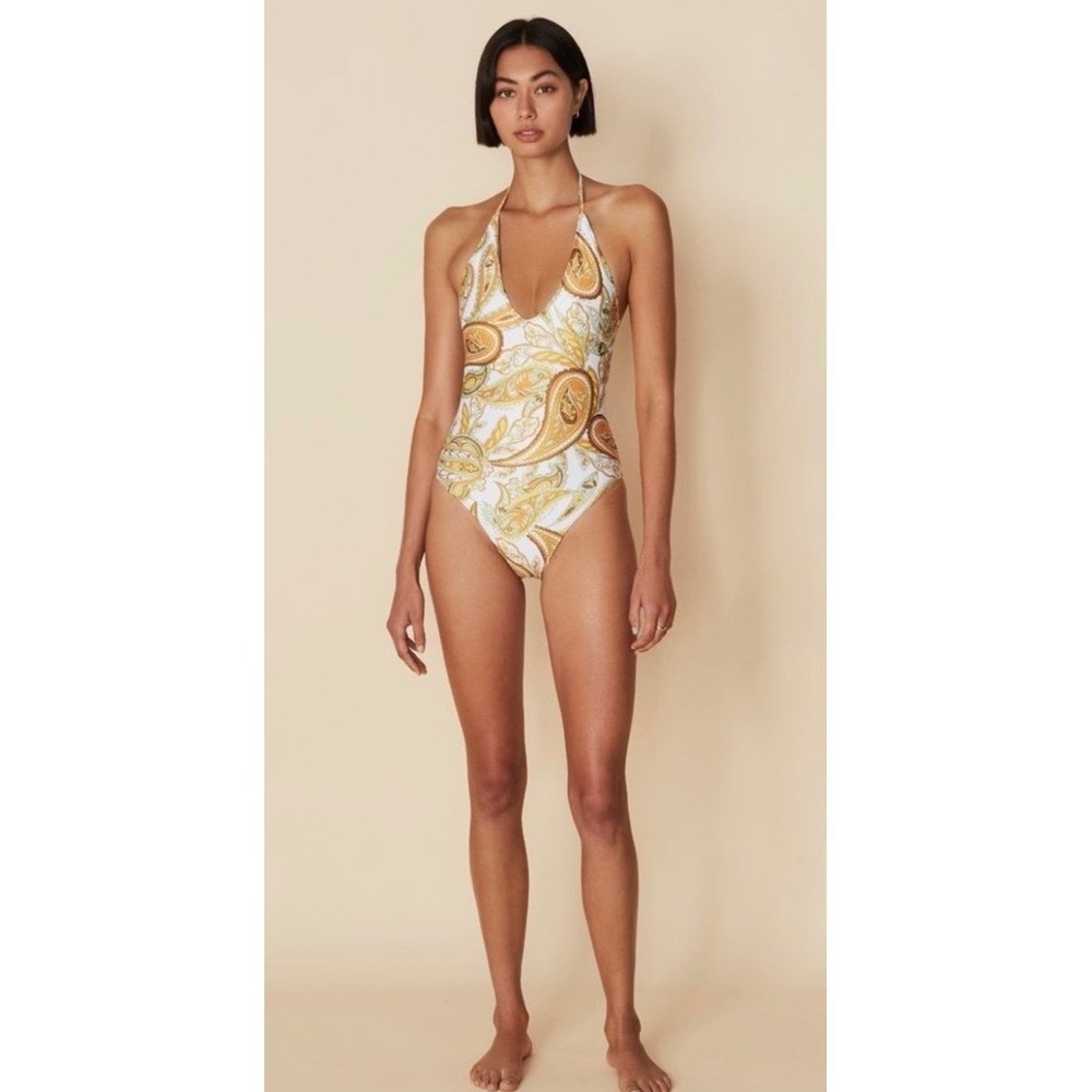 Faithfull The Brand One Piece Swimsuit Liza Paisley Yellow‎ Green Halter Med
